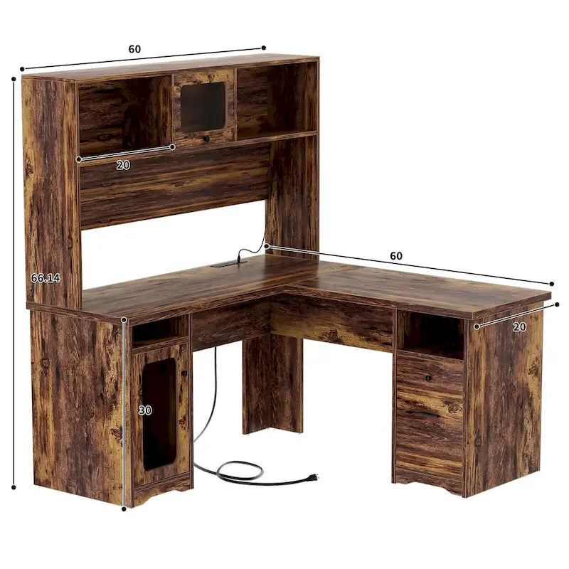 Bureau d'angle en L avec classeur et huche, bureau d'ordinateur d'angle pour bureau à domicile avec tiroirs et station de charge