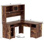 Bureau d'angle en L avec classeur et huche, bureau d'ordinateur d'angle pour bureau à domicile avec tiroirs et station de charge