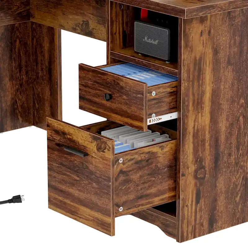 Bureau d'angle en L avec classeur et huche, bureau d'ordinateur d'angle pour bureau à domicile avec tiroirs et station de charge