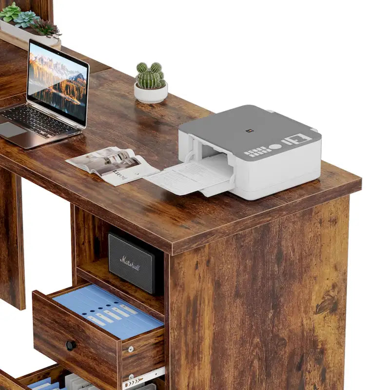 Bureau d'angle en L avec classeur et huche, bureau d'ordinateur d'angle pour bureau à domicile avec tiroirs et station de charge