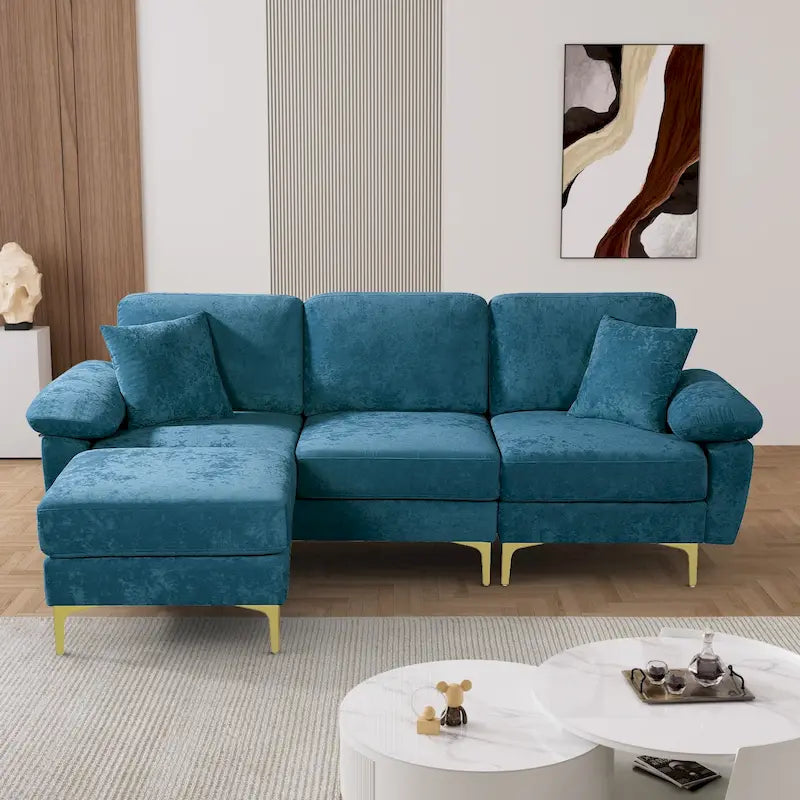 Canapé d'angle rembourré en velours avec oreillers et pouf