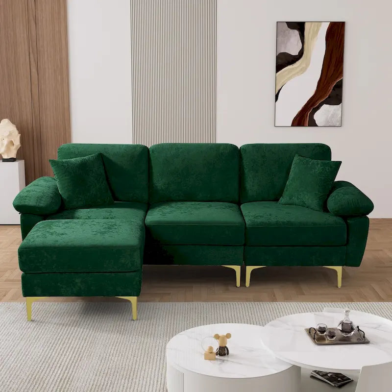 Canapé d'angle rembourré en velours avec oreillers et pouf