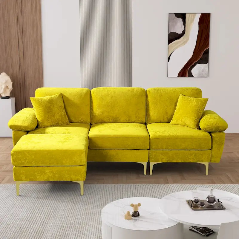 Canapé d'angle rembourré en velours avec oreillers et pouf