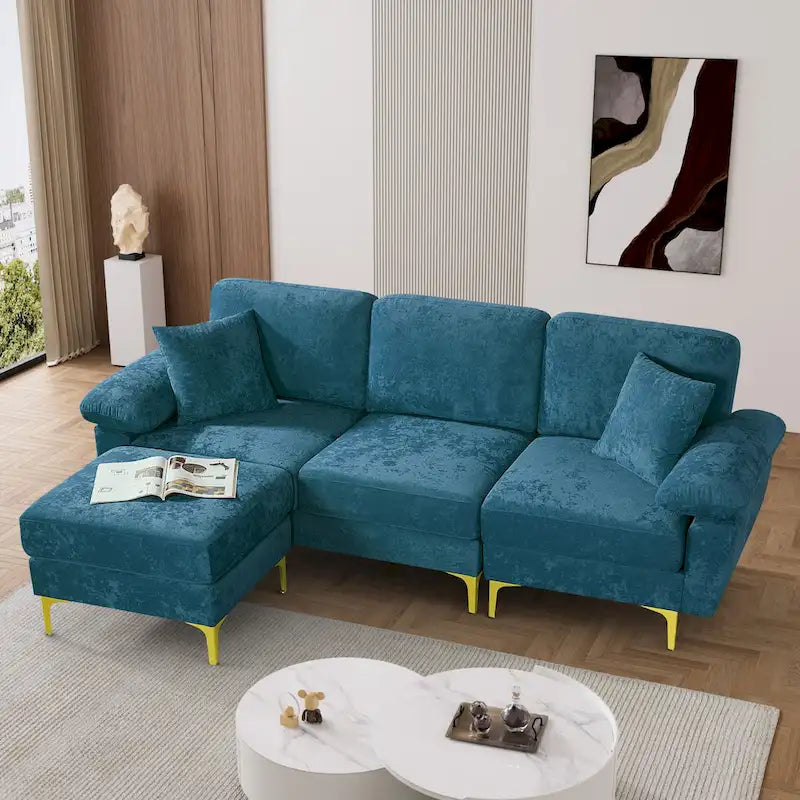 Canapé d'angle rembourré en velours avec oreillers et pouf