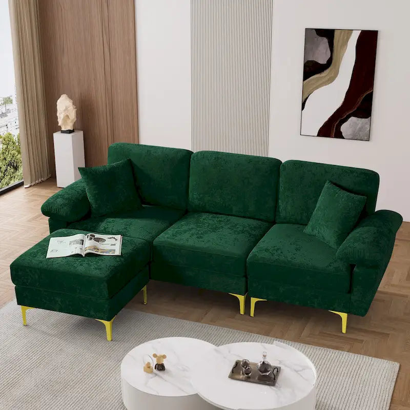 Canapé d'angle rembourré en velours avec oreillers et pouf