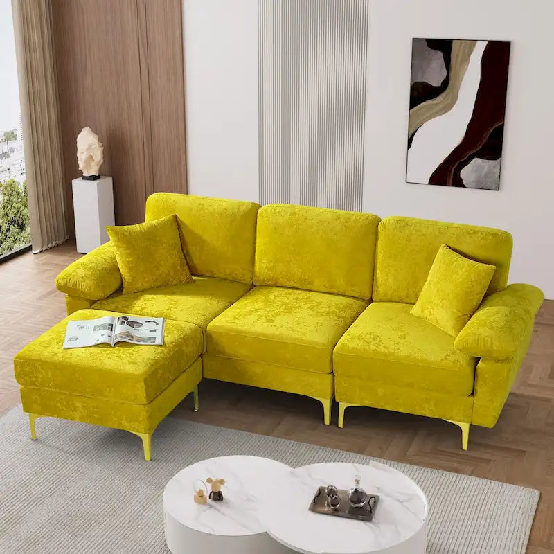 Canapé d'angle rembourré en velours avec oreillers et pouf