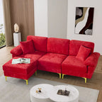 Canapé d'angle rembourré en velours avec oreillers et pouf