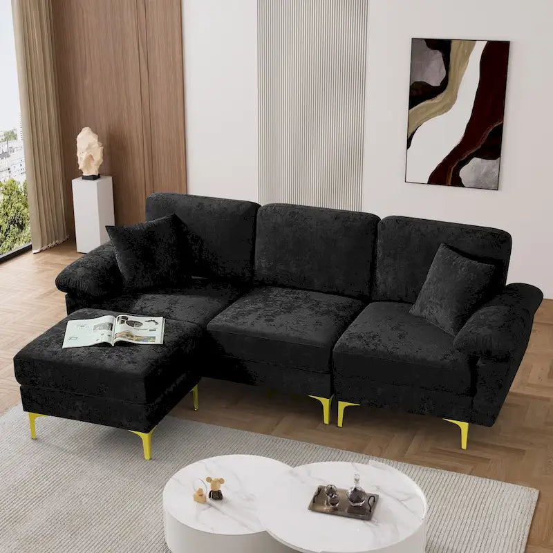 Canapé d'angle rembourré en velours avec oreillers et pouf