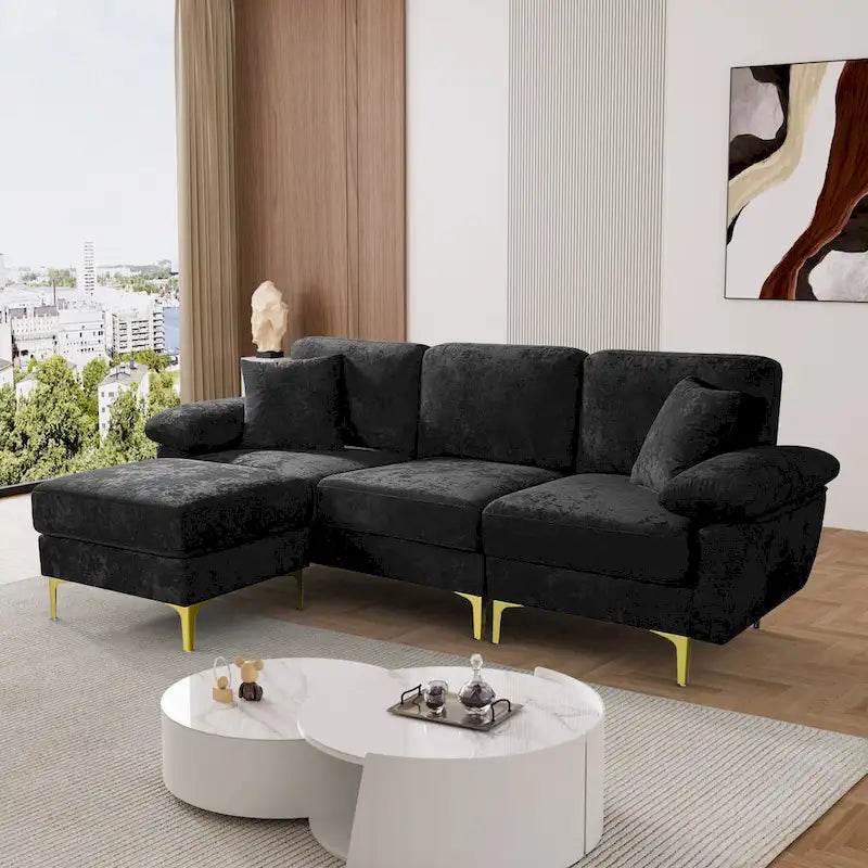 Canapé d'angle rembourré en velours avec oreillers et pouf