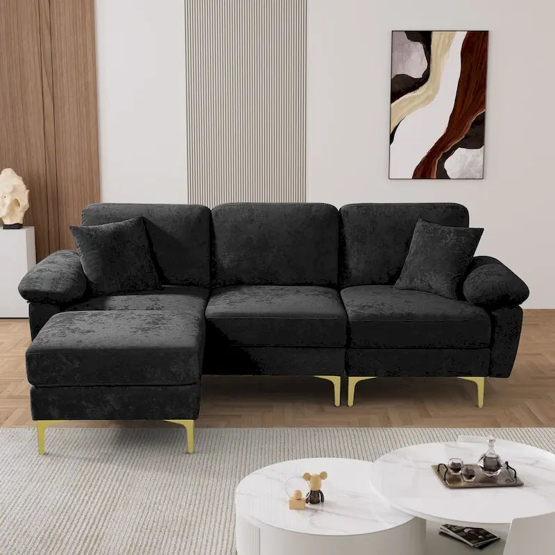 Canapé d'angle rembourré en velours avec oreillers et pouf