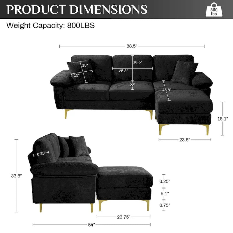 Canapé d'angle rembourré en velours avec oreillers et pouf