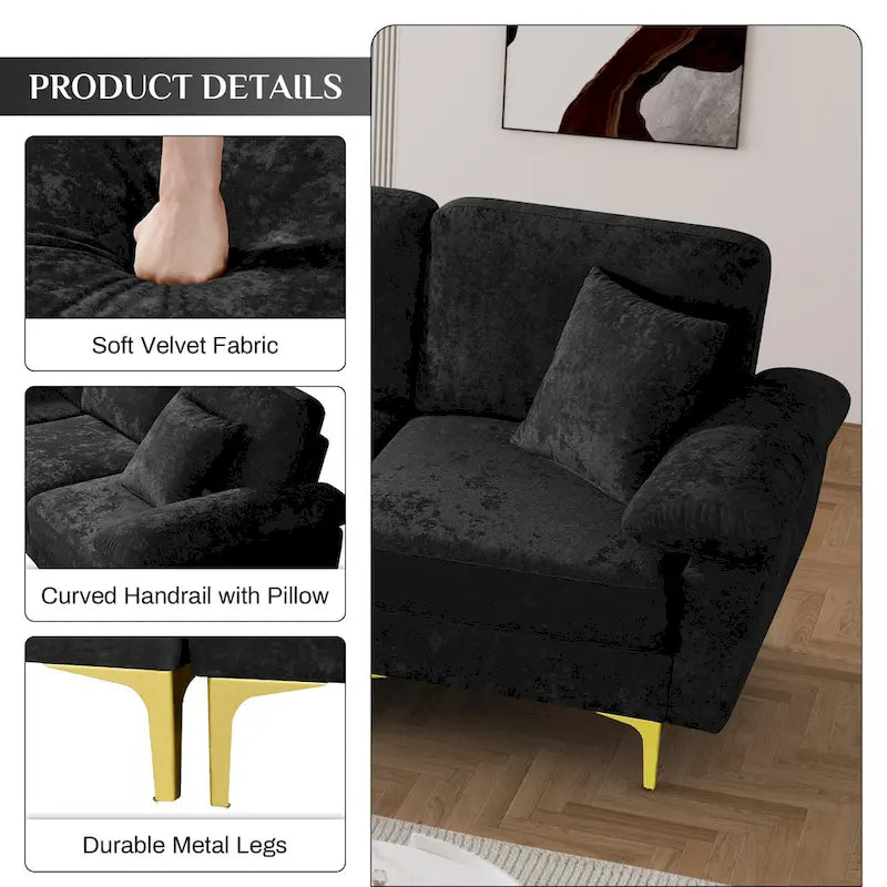 Canapé d'angle rembourré en velours avec oreillers et pouf