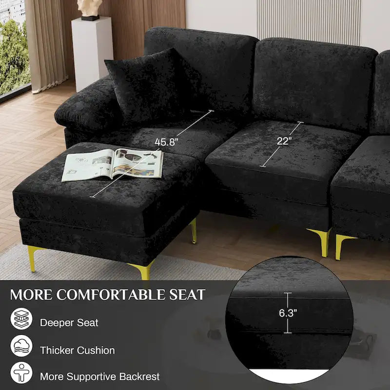 Canapé d'angle rembourré en velours avec oreillers et pouf