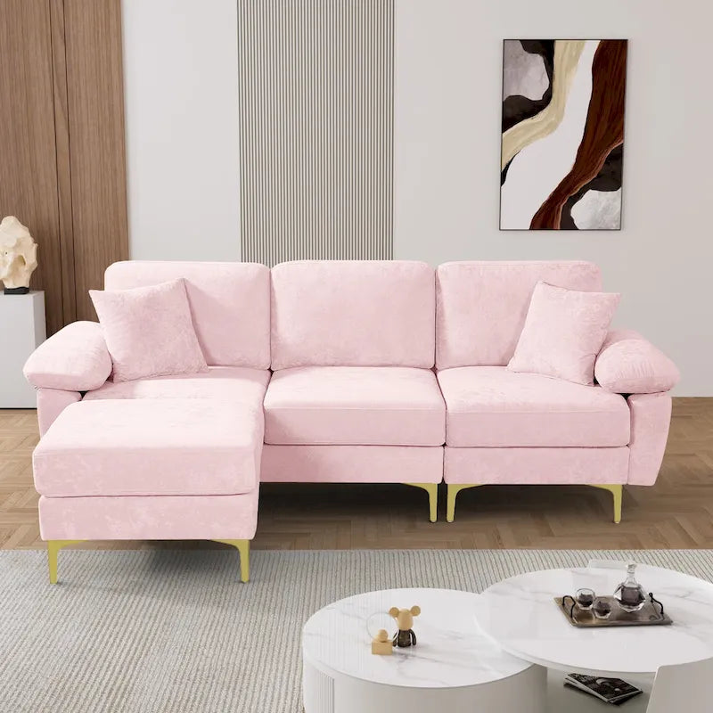 Canapé d'angle rembourré en velours avec oreillers et pouf