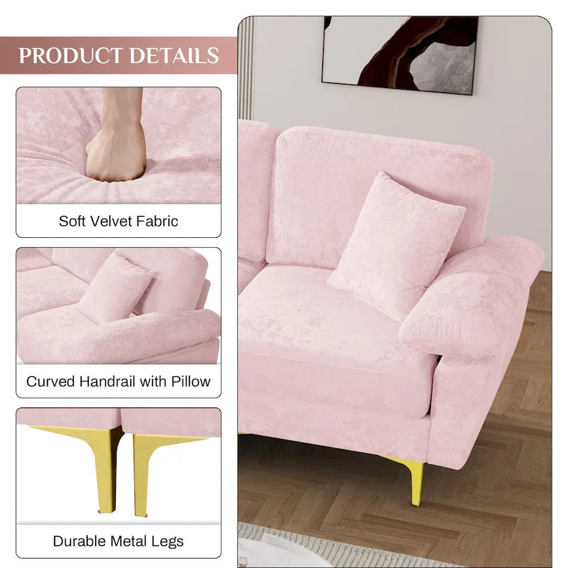 Canapé d'angle rembourré en velours avec oreillers et pouf