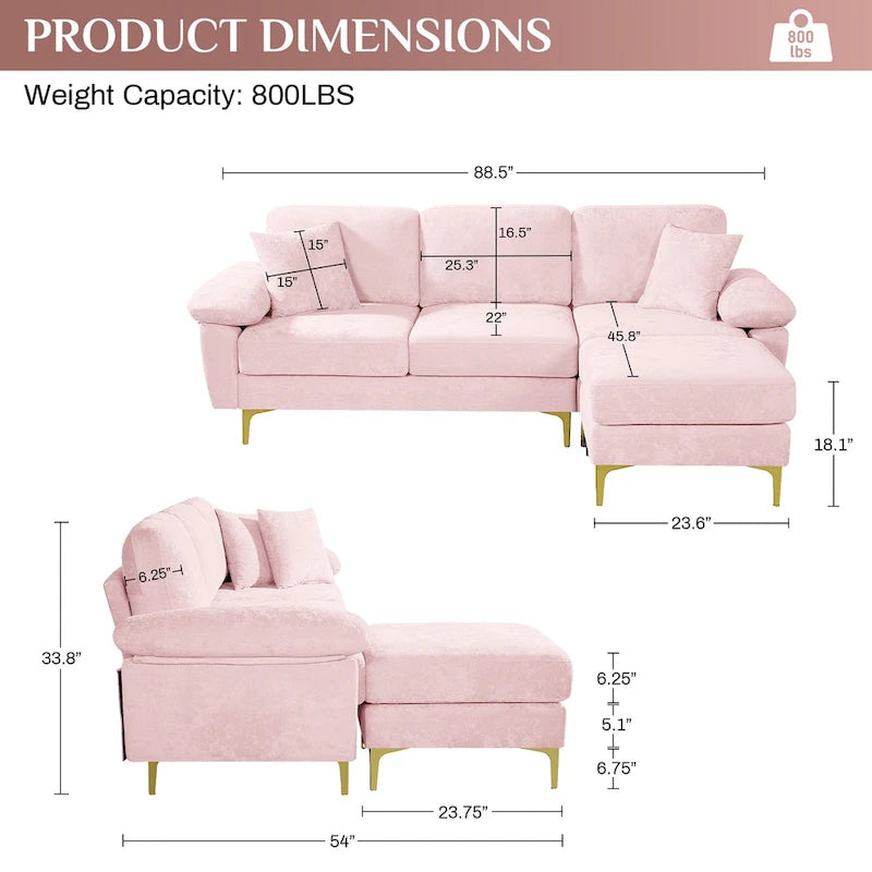 Canapé d'angle rembourré en velours avec oreillers et pouf
