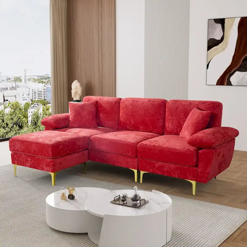 Canapé d'angle rembourré en velours avec oreillers et pouf