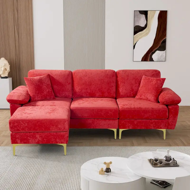 Canapé d'angle rembourré en velours avec oreillers et pouf