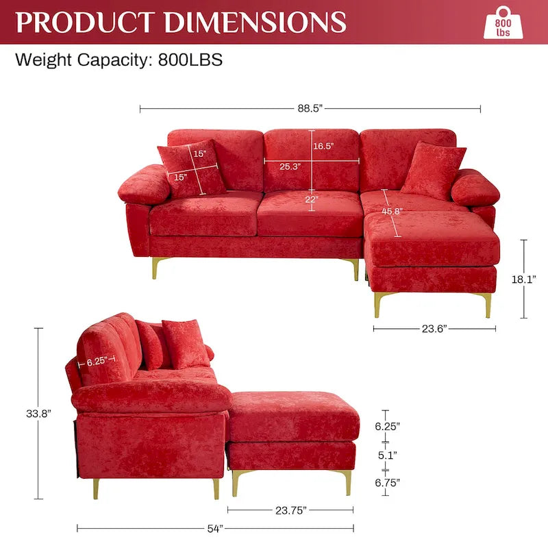 Canapé d'angle rembourré en velours avec oreillers et pouf