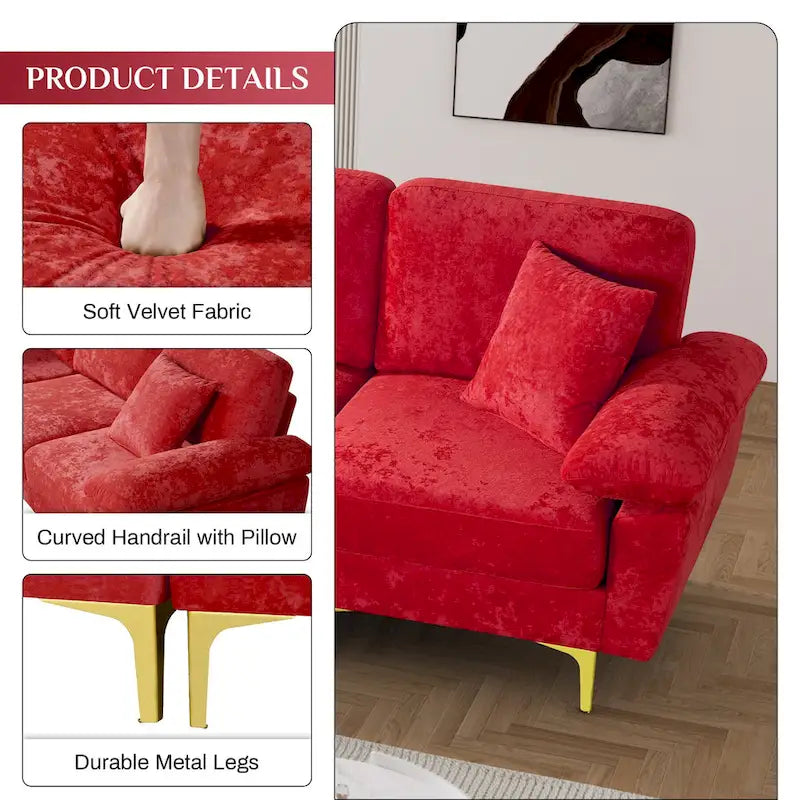 Canapé d'angle rembourré en velours avec oreillers et pouf
