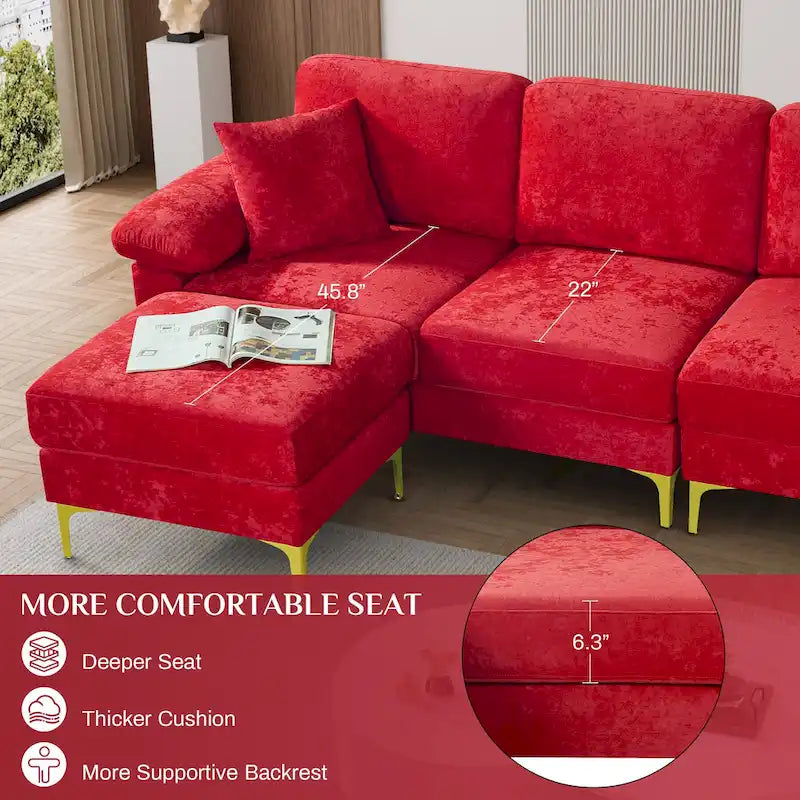 Canapé d'angle rembourré en velours avec oreillers et pouf