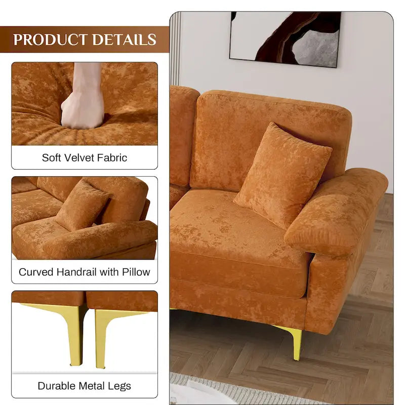 Canapé d'angle rembourré en velours avec oreillers et pouf