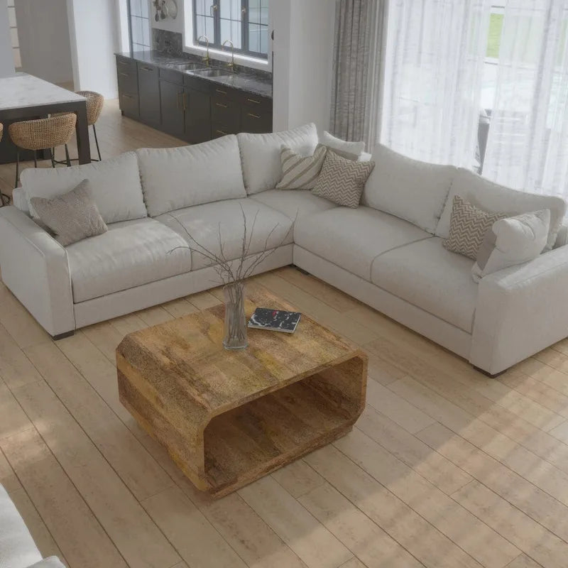 Table basse de 76 cm, cube évidé artisanal, en bois de manguier naturel marron